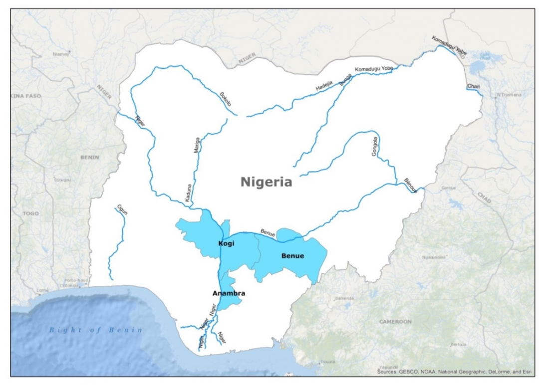 Monthly maximum flood inundation extent derived using MODIS 8-day 500m surface reflectance data for Nigeria (2013-Jan)