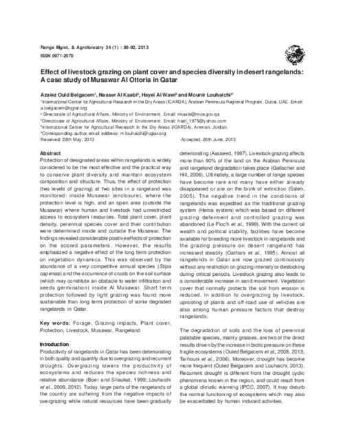 Effect of livestock grazing on plant cover and species diversity in desert rangelands: A case study of Musawar Al Ottoria in Qatar