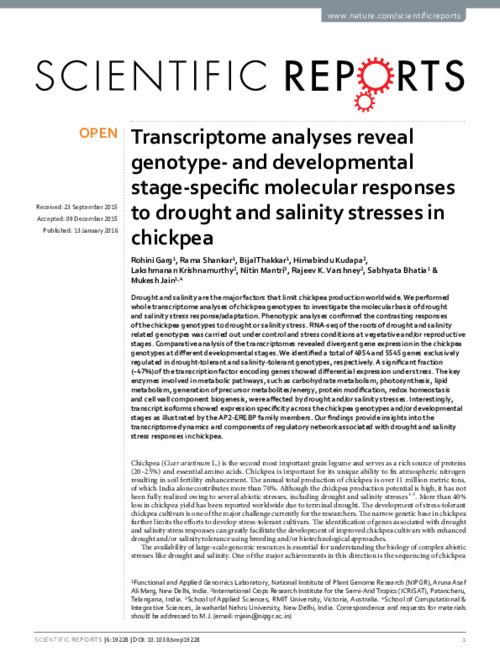 Transcriptome analyses reveal genotype- and developmental stage-specific molecular responses to drought and salinity stresses in chickpea
