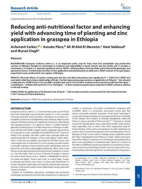 Reducing anti-nutritional factor and enhancing yield with advancing time of planting and zinc application in grasspea in Ethiopia