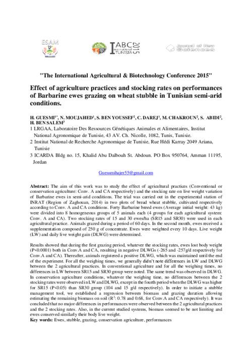 Effect of agriculture practices and stocking rates on performances of Barbarine ewes grazing on wheat stubble in Tunisian semi-arid conditions
