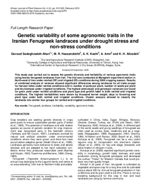 Genetic variability of some agronomic traits in the Iranian Fenugreek landraces under drought stress and non-stress conditions