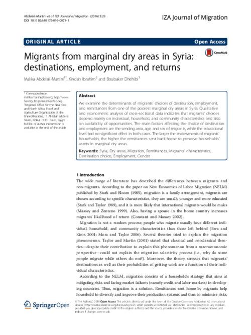 Migrants from marginal dry areas in Syria: destinations, employment, and returns