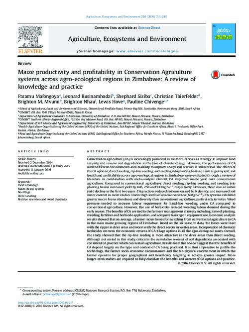 Maize productivity and profitability in Conservation Agriculture systems across agro-ecological regions in Zimbabwe: A review of knowledge and practice