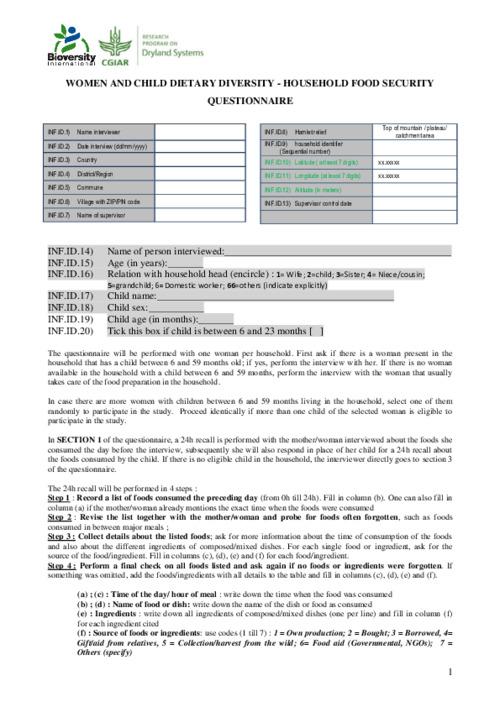 Karnataka Diet Diversity and Food Security for Agricultural Biodiversity Assessment: Questionnaire