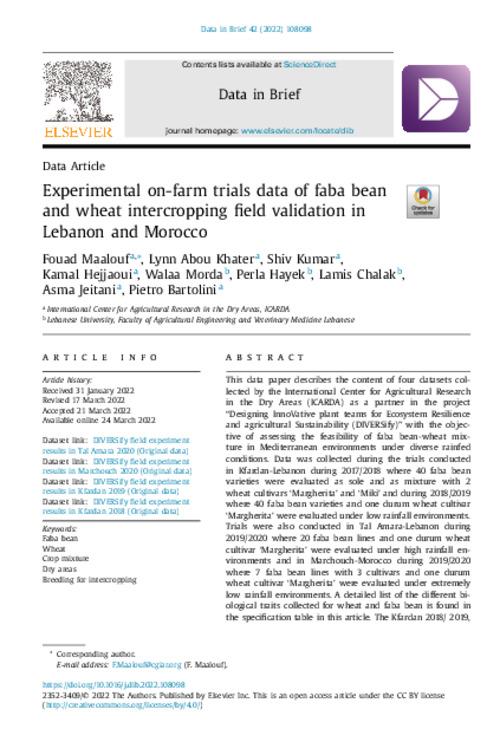 Experimental on-farm trials data of faba bean and wheat intercropping field validation in Lebanon and Morocco