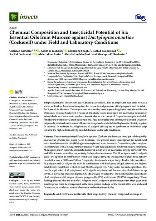 Chemical Composition and Insecticidal Potential of Six Essential Oils from Morocco against Dactylopius opuntiae (Cockerell) under Field and Laboratory Conditions