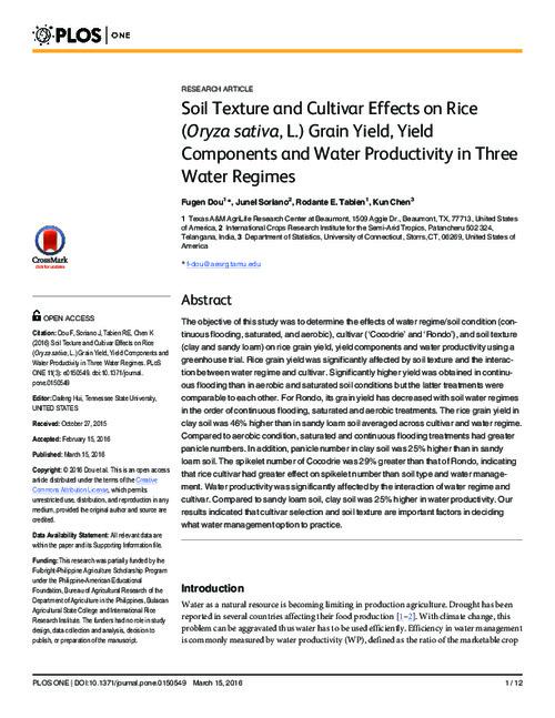 Soil Texture and Cultivar Effects on Rice (Oryza sativa, L.) Grain Yield, Yield Components and Water Productivity in Three Water Regimes