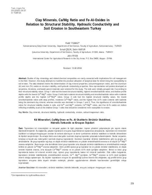 Clay minerals, Ca/Mg ratio and fe-al-oxides in relation to structural stability, hydraulic conductivity and soil erosion in southeastern Turkey