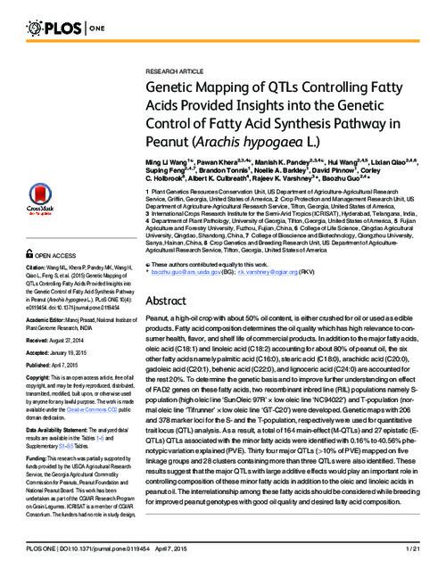 Genetic mapping of QTLs controlling fatty acids provided insights into the genetic control of fatty acid synthesis pathway in peanut (Arachis hypogaea L.)