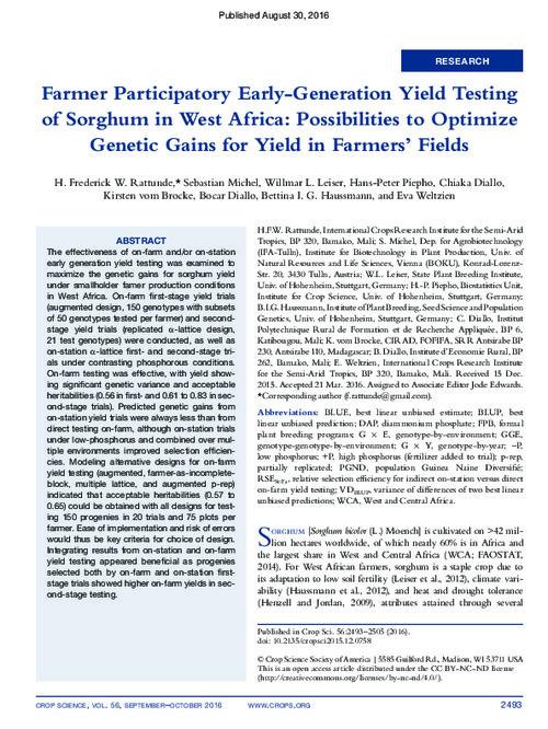 Farmer Participatory Early-Generation Yield Testing of Sorghum in West Africa: Possibilities to Optimize Genetic Gains for Yield in Farmers’ Fields
