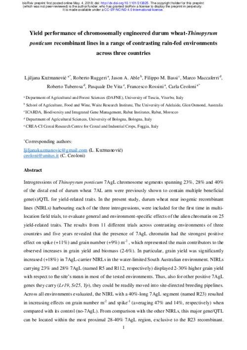 Yield of chromosomally engineered durum wheat-Thinopyrum ponticum recombinant lines in a range of contrasting rain-fed environments