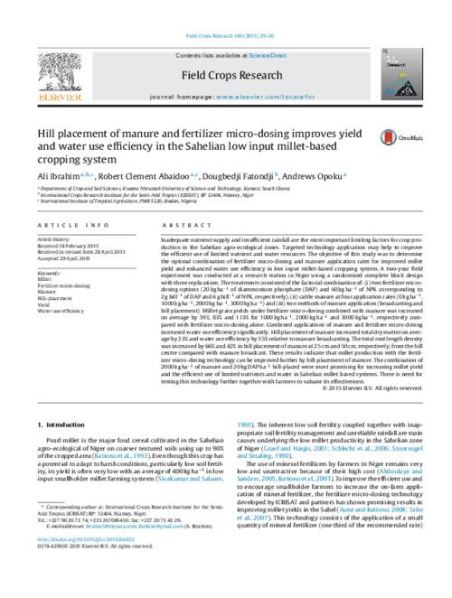 Hill placement of manure and fertilizer micro-dosing improves yield and water use efficiency in the Sahelian low input millet-based cropping system