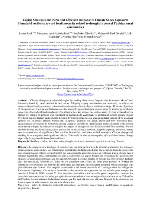 Coping Strategies and Perceived Effects in Response to Climate Shock Exposure: Household resiliency toward food insecurity related to drought in central Tunisian rural communities