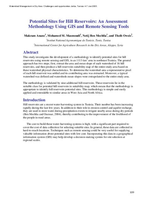 Potential Sites for Hill Reservoirs: An Assessment Methodology Using GIS and Remote Sensing Tools