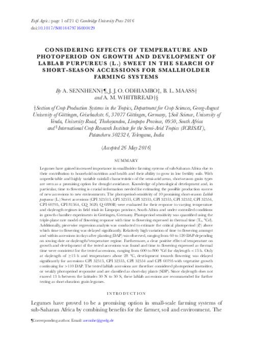 Considering effects of temperature and photoperiod on growth and development of lablab purpureus (l.) Sweet in the search of short-season accessions for smallholder farming systems