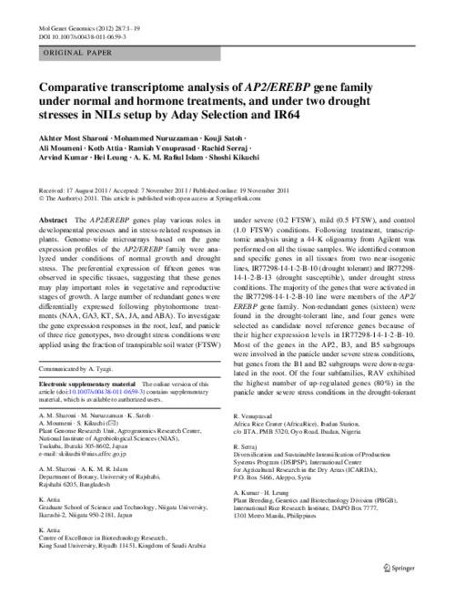 Comparative transcriptome analysis of AP2/EREBP gene family under normal and hormone treatments, and under two drought stresses in NILs setup by Aday Selection and IR64