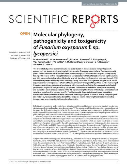 Molecular phylogeny, pathogenicity and toxigenicity of Fusarium oxysporum f. sp. lycopersici