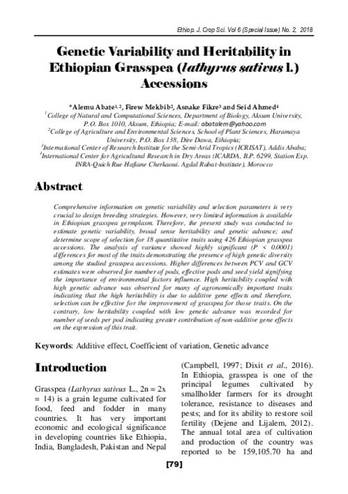 Genetic Variability and Heritability in Ethiopian Grasspea (lathyrus sativus l.) Accessions