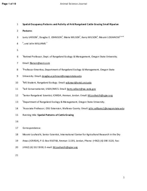 Spatial Occupancy Patterns and Activity of Arid Rangeland Cattle Grazing Small Riparian Pastures
