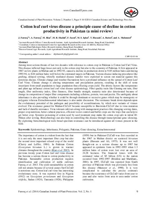 Cotton leaf curl virus disease a principle cause of decline in cotton productivity in Pakistan (a mini review)