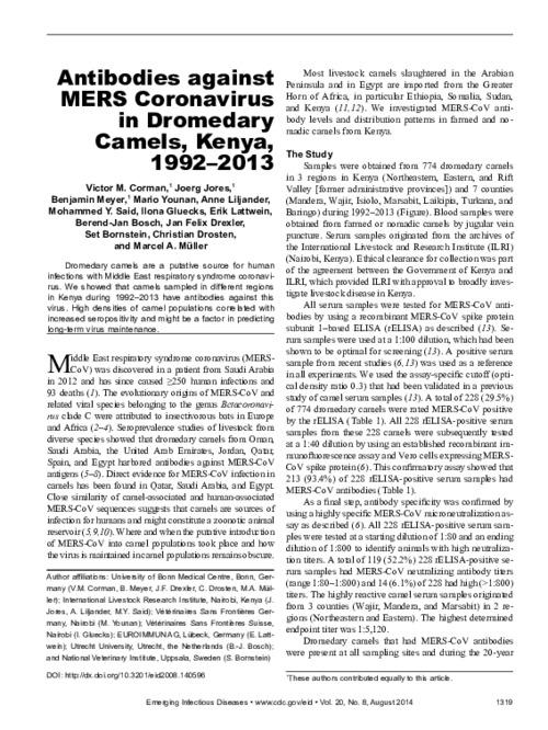 Antibodies against MERS Coronavirus in Dromedary Camels, Kenya, 1992–2013