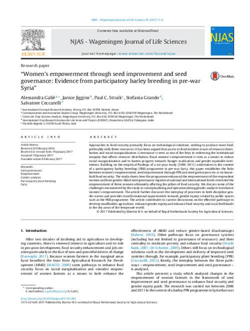 Women’s empowerment through seed improvement and seed governance Evidence from participatory barley breeding in pre-war Syria