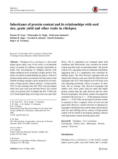 Inheritance of protein content and its relationships with seed size, grain yield and other traits in chickpea