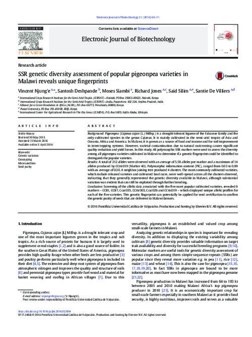 SSR genetic diversity assessment of popular pigeonpea varieties in Malawi reveals unique fingerprints