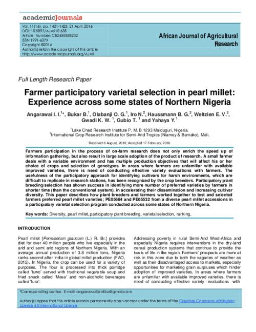 Farmer participatory varietal selection in pearl millet: Experience across some states of Northern Nigeria