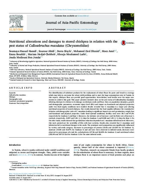 Nutritional alterations and damages to stored chickpea in relation with the pest status of Callosobruchus maculatus (Chrysomelidae)