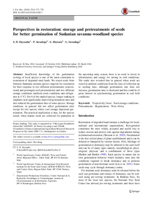 Perspectives in restoration: storage and pretreatments of seeds for better germination of Sudanian savanna-woodland species