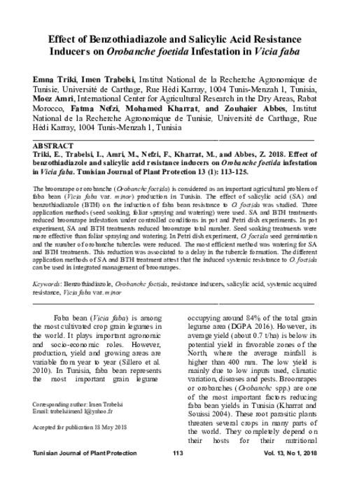 Effect of Benzothiadiazole and Salicylic Acid Resistance Inducers on Orobanche foetida Infestation in Vicia faba