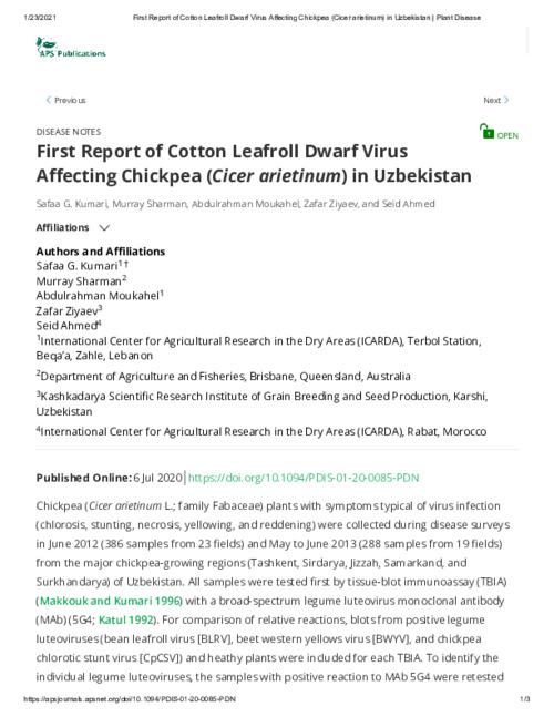 First report of Cotton leafroll dwarf virus affecting chickpea (Cicer arietinum L.) in Uzbekistan