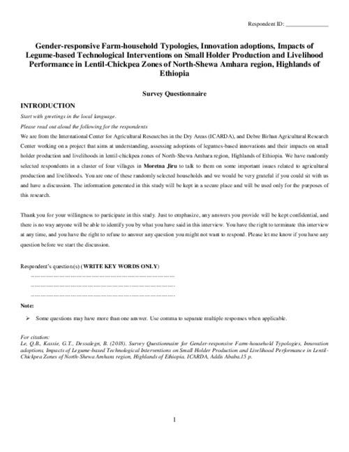 Survey Questionnaire for Gender-responsive Farm-household Typologies, Innovation adoptions, Impacts of Legume-based Technological Interventions on Small Holder Production and Livelihood Performance in Lentil-Chickpea Zones of North-Shewa Amhara region, Highlands of Ethiopia