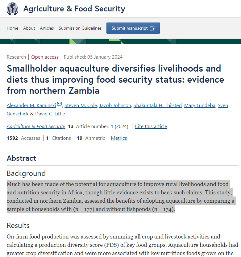 Smallholder aquaculture diversifies livelihoods and diets thus improving food security status: evidence from northern Zambia