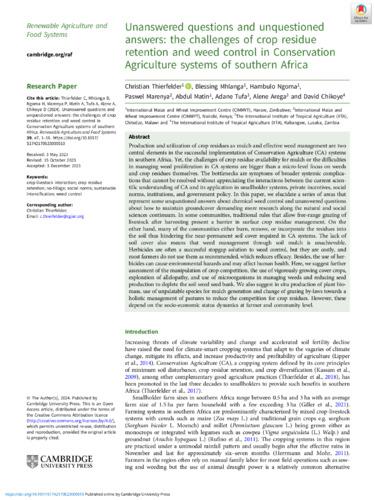 Unanswered questions and unquestioned answers: the challenges of crop residue retention and weed control in Conservation Agriculture systems of southern Africa