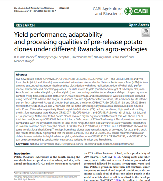 Yield performance, adaptability and processing qualities of pre-release potato clones under different Rwandan agro-ecologies