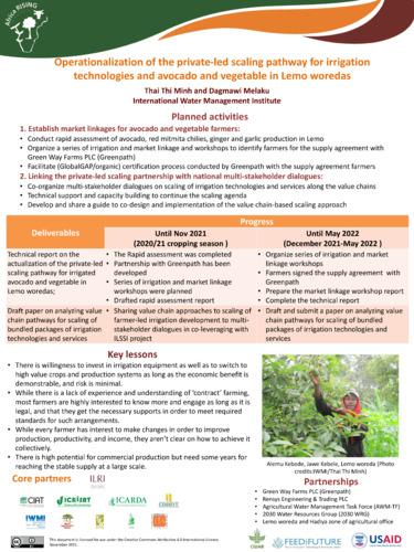 Operationalization of the private-led scaling pathway for irrigation technologies and avocado and vegetable in Lemo woredas