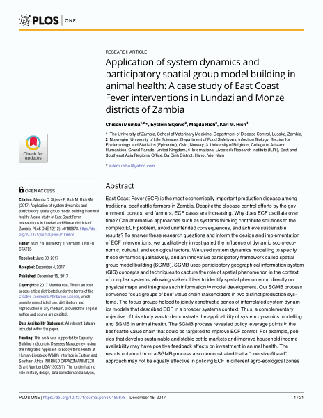 Application of system dynamics and participatory spatial group model building in animal health: A case study of East Coast Fever interventions in Lundazi and Monze districts of Zambia