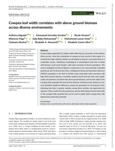 Cowpea leaf width correlates with above ground biomass across diverse environments