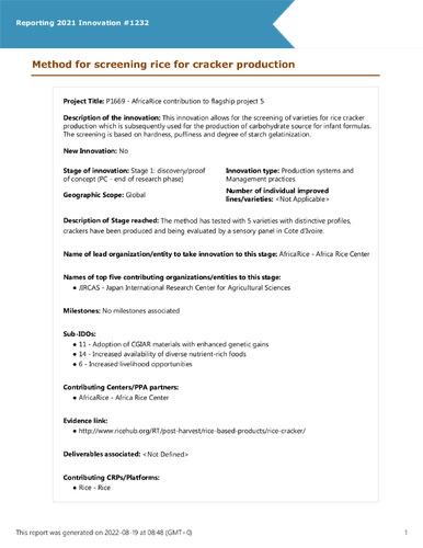 Method for screening rice for cracker production