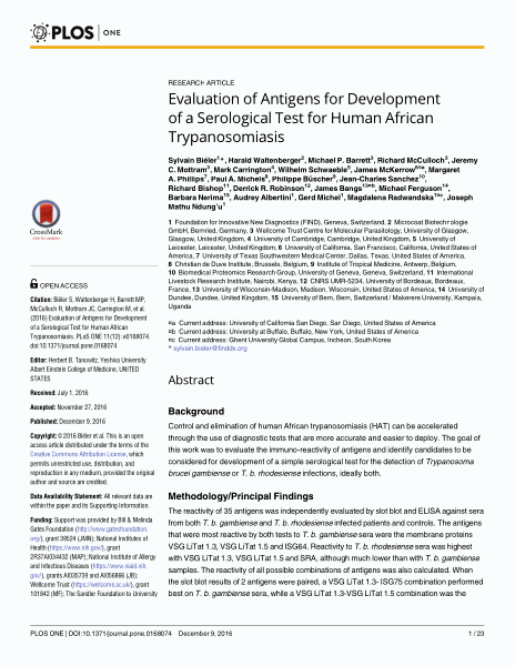 Evaluation of Antigens for Development of a Serological Test for Human African Trypanosomiasis