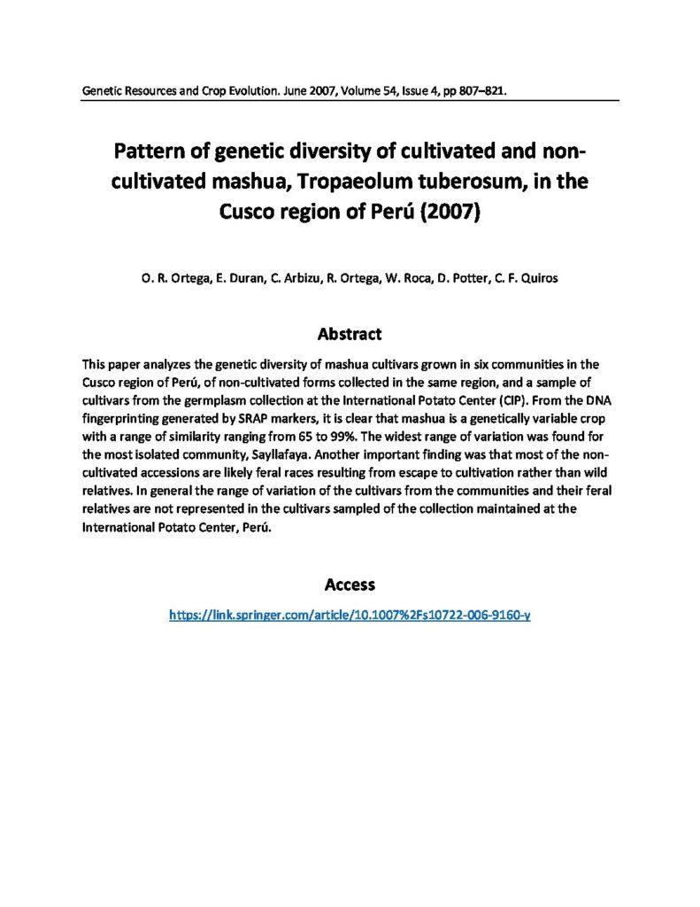 Pattern of genetic diversity of cultivated and non-cultivated mashua, Tropaeolum tuberosum, in the Cusco region of Peru