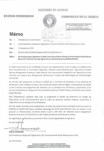 Memo: Soumission pour signature du MoU avec Consultative Group on International Agriculture Research / Climate Change Agriculture and Food Security (CGIAR / CCAFS)
