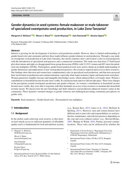 Gender dynamics in seed systems: female makeover or male takeover of specialized sweetpotato seed production, in Lake Zone Tanzania?