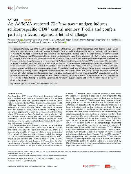 An Ad/MVA vectored Theileria parva antigen induces schizont-specific CD8+ central memory T cells and confers partial protection against a lethal challenge