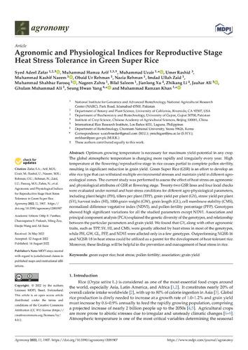 Agronomic and physiological indices for reproductive stage heat stress tolerance in green super rice
