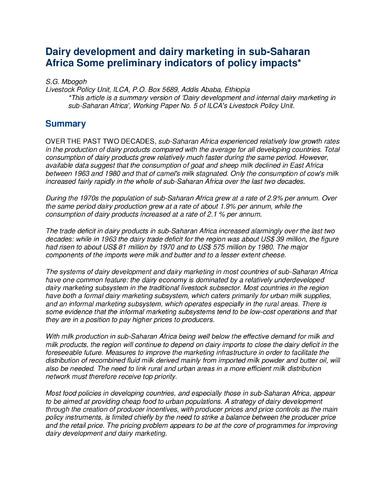 Dairy development and dairy marketing in sub-Saharan Africa: Some preliminary indicators of policy impacts