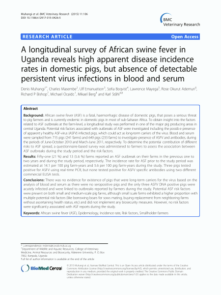 A longitudinal survey of African swine fever in Uganda reveals high apparent disease incidence rates in domestic pigs, but absence of detectable persistent virus infections in blood and serum
